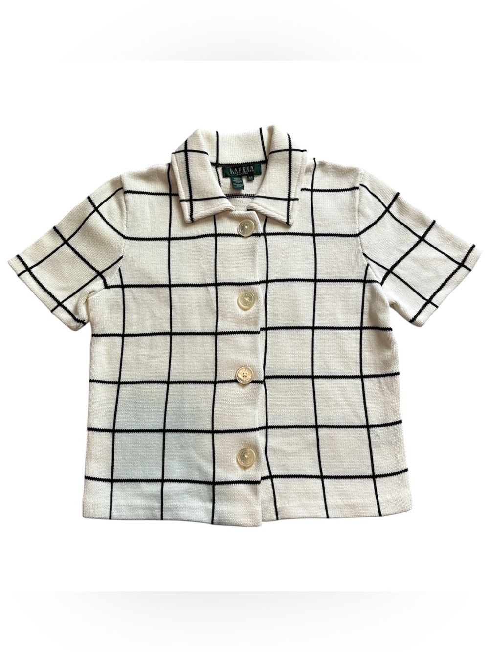 Ralph Lauren Cream Short-Sleeve Button Down with Black Windowpane